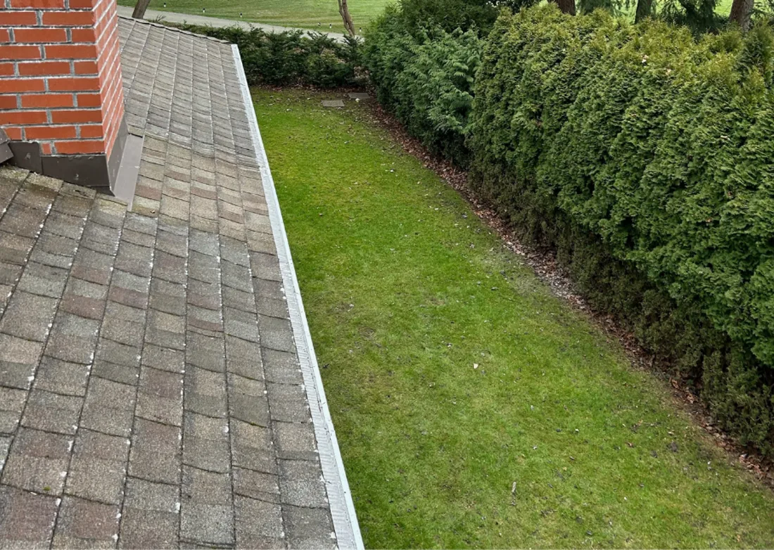 Completed micro-mesh gutter guard installation overlooking a garden